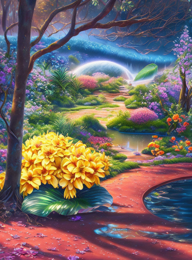 Colorful Fantasy Garden with Yellow Flowers, Pond, and Rainbow