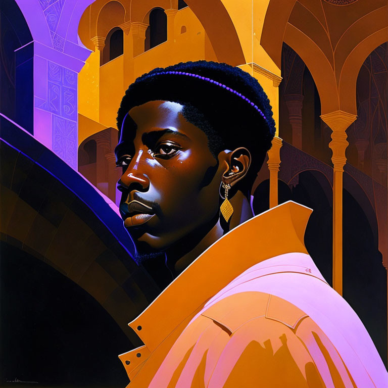 Stylized portrait of a person with dark skin and blue-black hair against purple and gold architectural backdrop