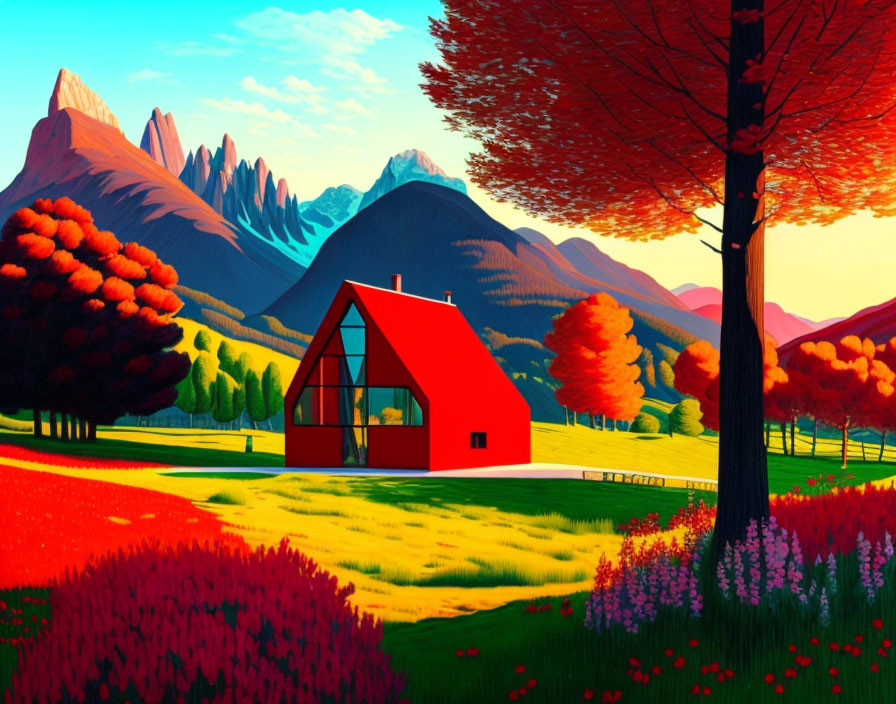Colorful autumn landscape with modern red A-frame house and mountains
