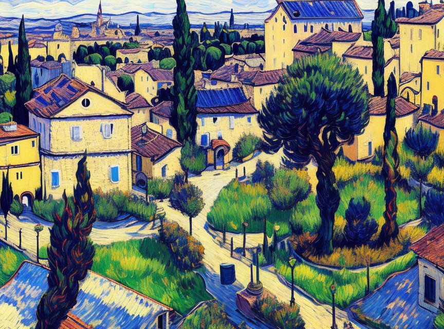 Impressionist-style painting: Quaint village, rolling hills, cypress trees, rustic houses