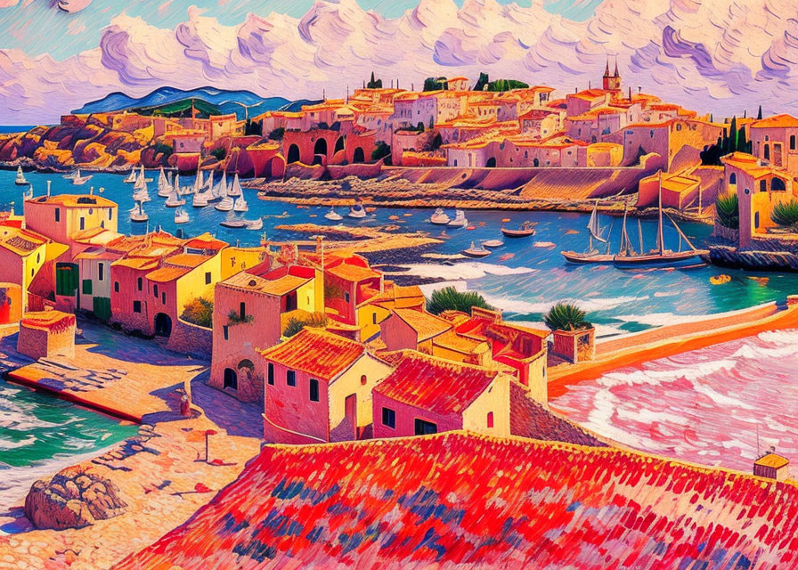 Colorful painting of coastal Mediterranean village with terracotta roofs, azure waters, and moored boats