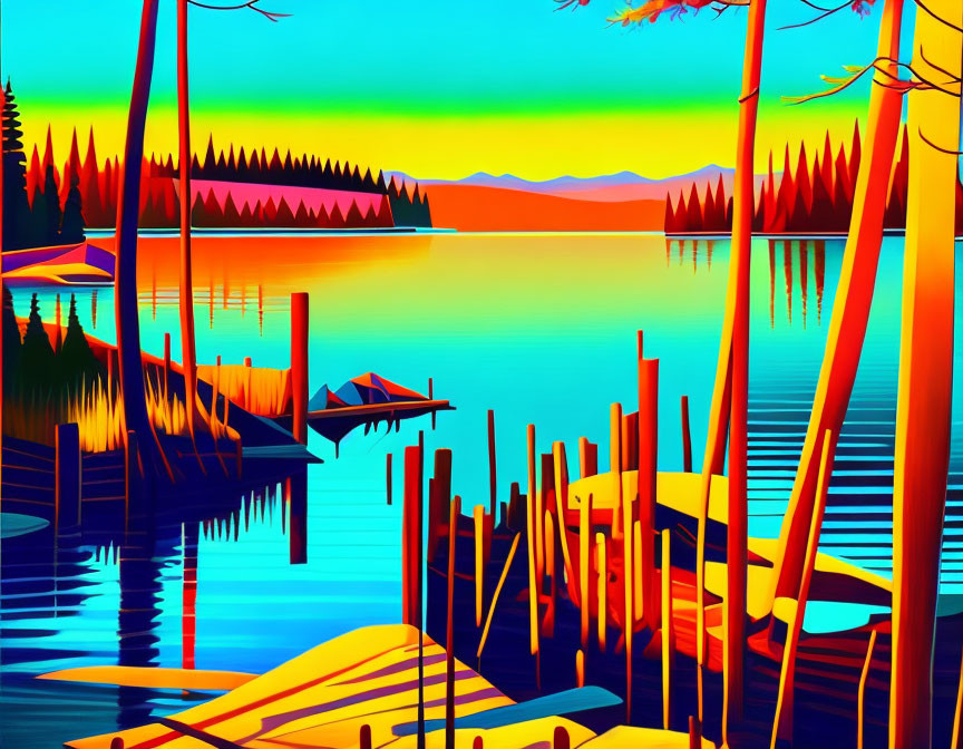Vibrant digital art landscape of luminous lake, dock, stylized trees, and gradient sunset