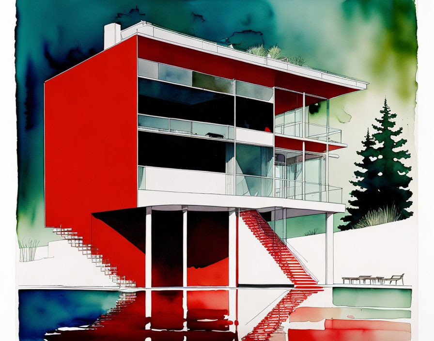 Two-story modern red and white house with large windows, balcony, and outdoor stairs in green surroundings.