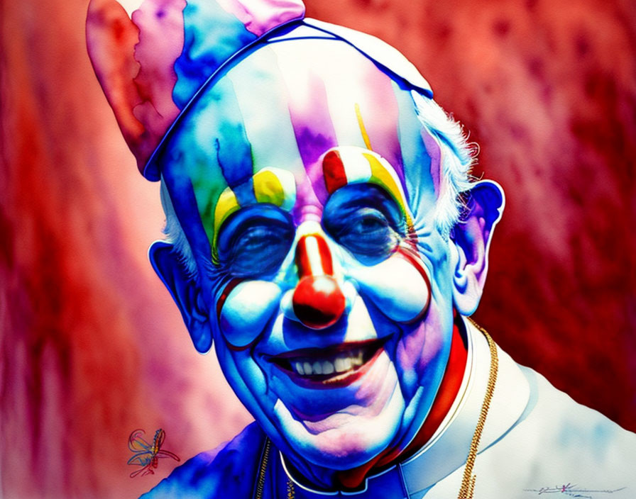 Vibrant portrait of smiling figure in clown makeup and religious attire