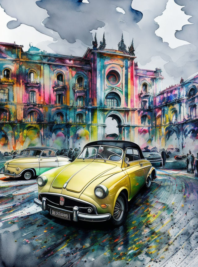 Colorful Classic Cars in Front of Historical Building with Surreal Sky
