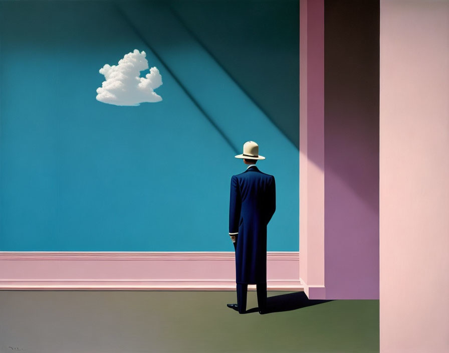 Man in suit and hat gazes at floating cloud in sunlit room