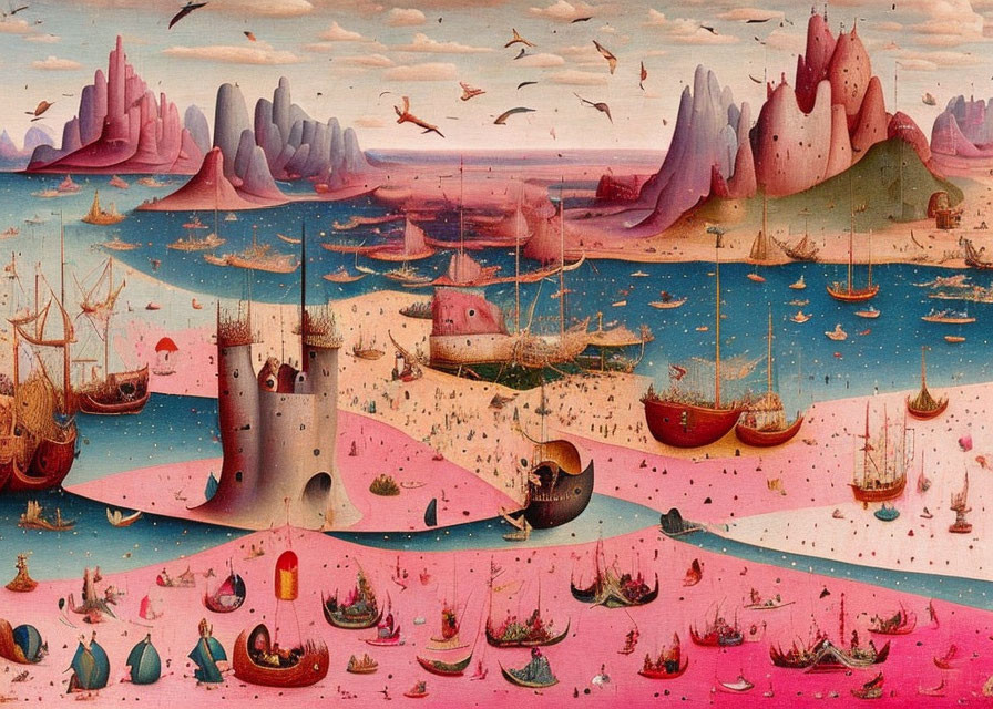 Vibrant seascape painting with ships, castles, creatures, and pink clouds