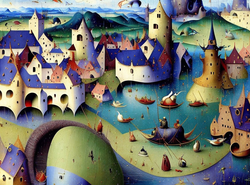 Vibrant hilltop medieval town painting with castles, boats, and swirling sky