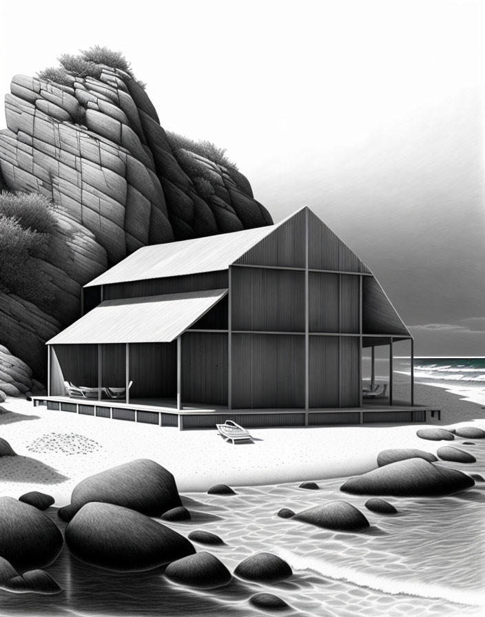 Monochromatic modern beach house near rocky cliff and calm sea waters