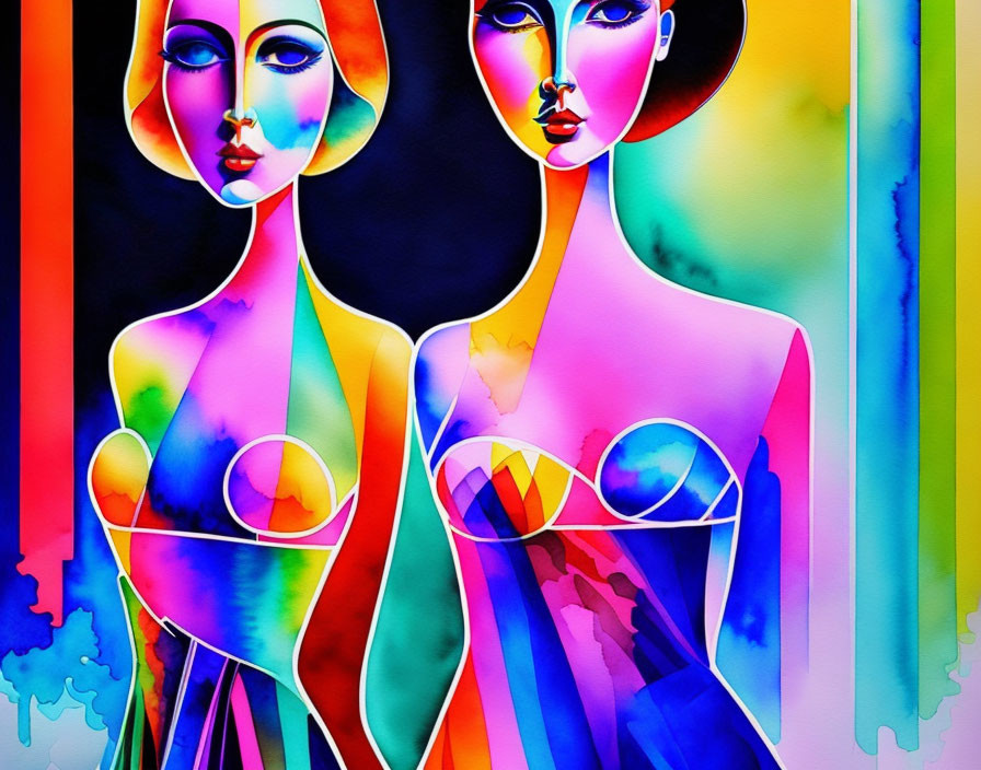 Abstract art: Two female figures with blue faces in colorful attire on vibrant backdrop