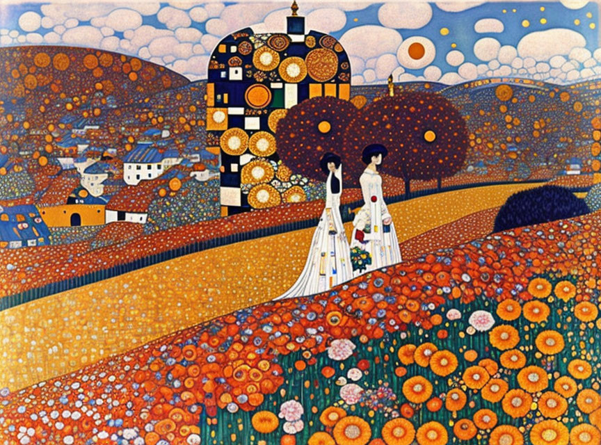 Two Women Walking in White Dresses Through Colorful Landscape