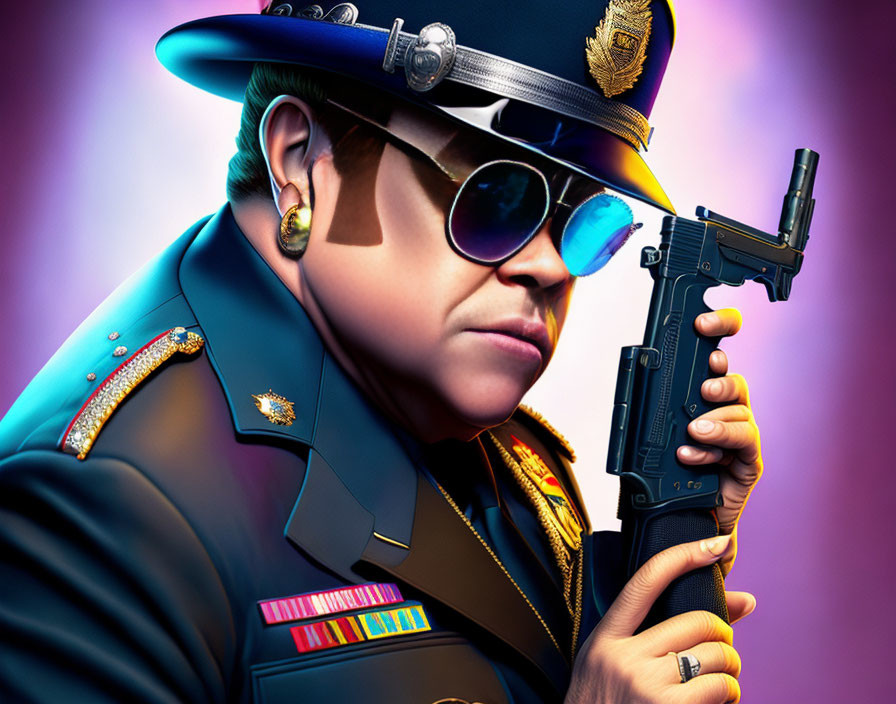Illustration of person in blue police uniform with pistol and sunglasses on purple background