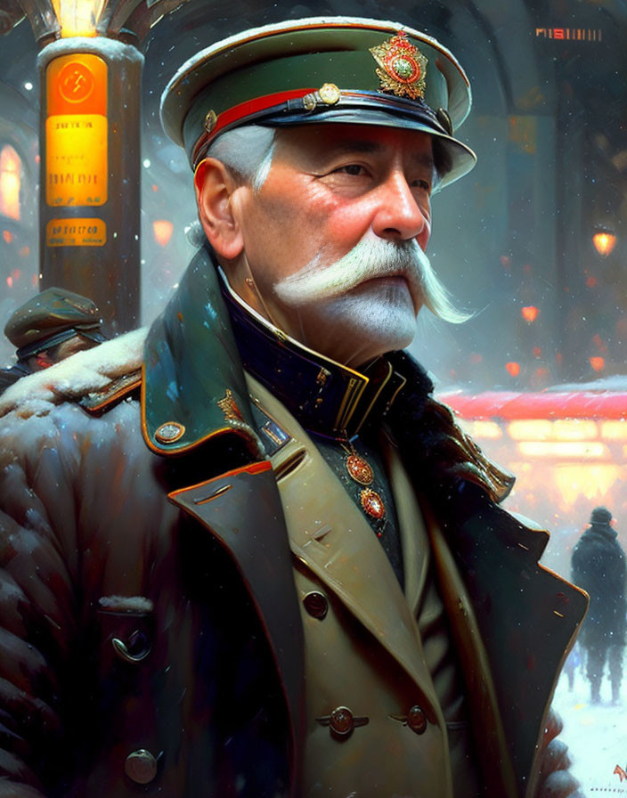 Elderly Military Officer in Decorated Uniform in Snowy Setting