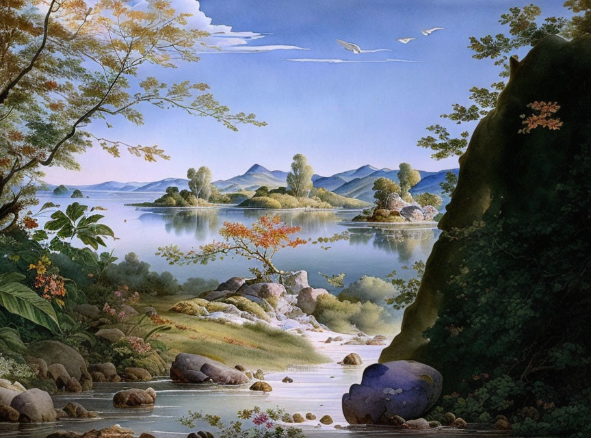 Tranquil landscape featuring river, islands, hills, and birds