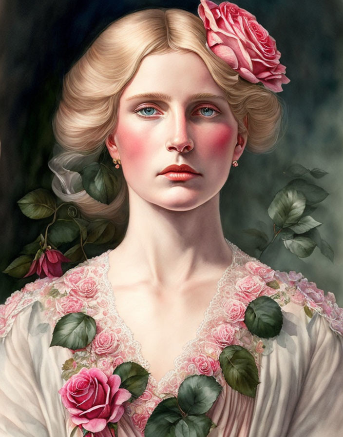 Blond Woman Portrait with Rose Adornments
