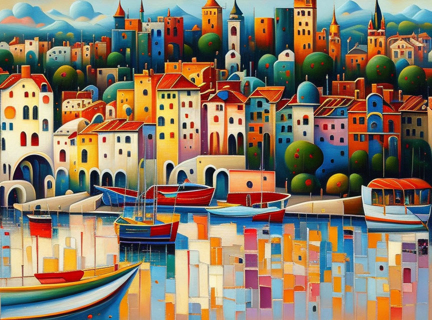 Vibrant painting of bustling port city with boats and hills.