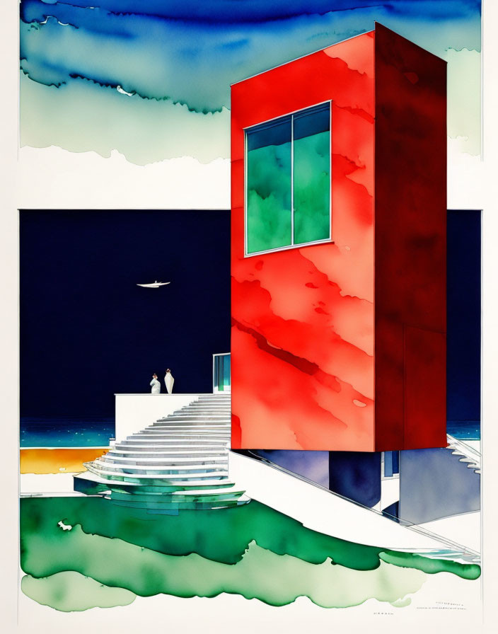 Abstract red structure with window, staircases, figures, sea, sky, and bird in vibrant painting