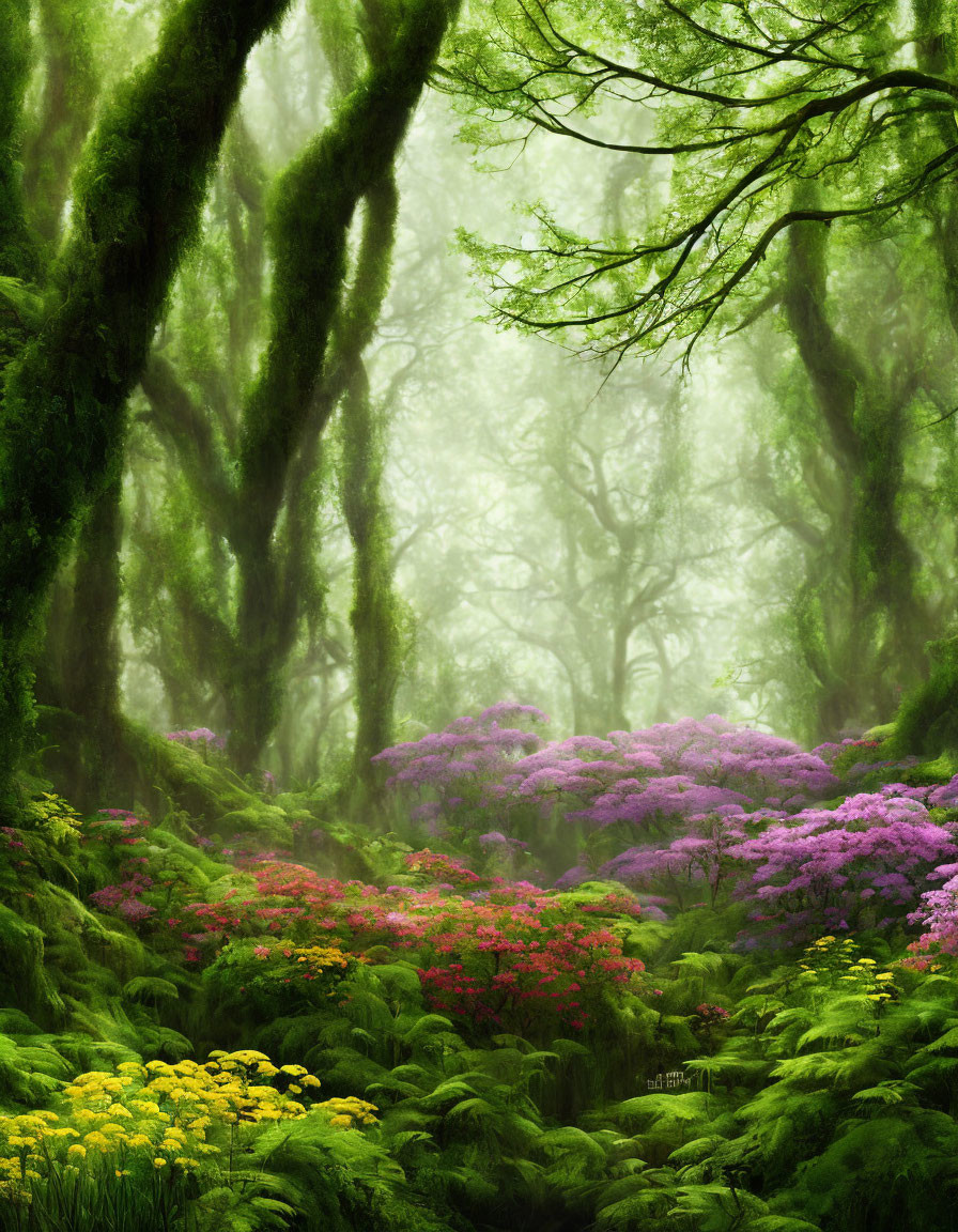Mystical green forest with moss-covered trees and vibrant flowers