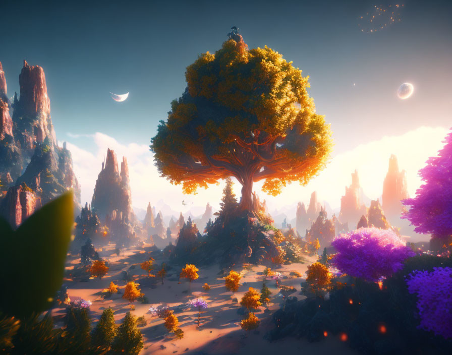 Colorful fantasy landscape with colossal tree, smaller trees, vibrant flora, rocks, and multiple moons.