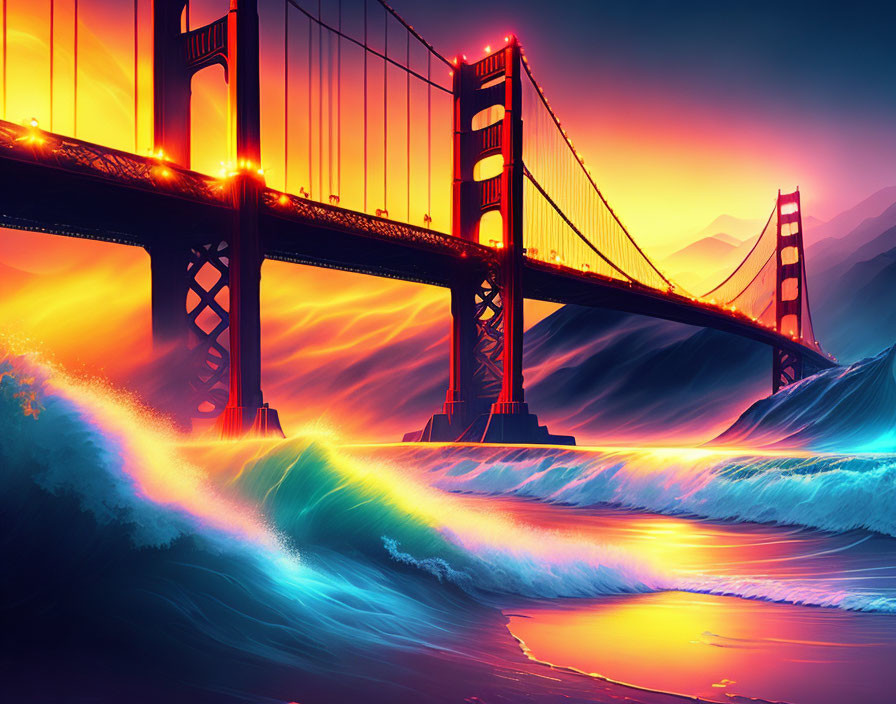 Sunset suspension bridge illustration with fiery sky and ocean waves
