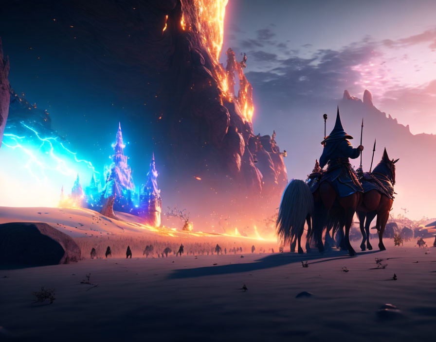 Knight on horseback near glowing castle with lightning in volcanic landscape at dusk