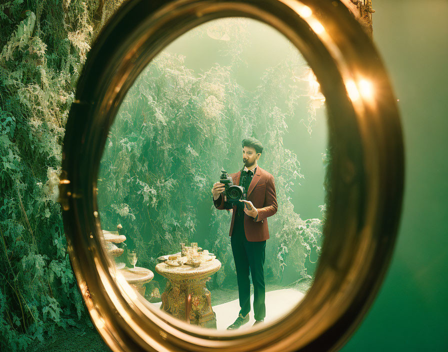Man in burgundy blazer with camera reflected in round mirror amidst lush greenery and elegant decor