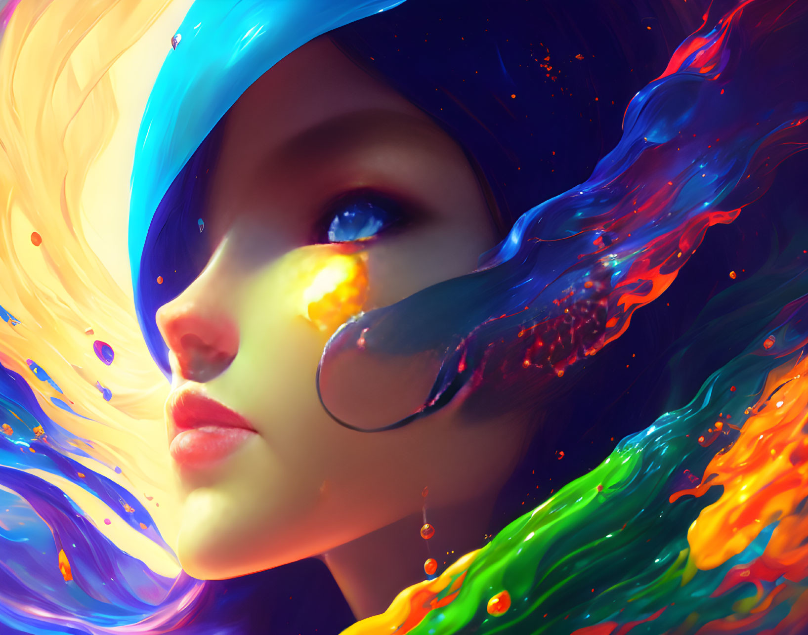 Colorful digital painting of a woman in blue cap with flowing paint against warm backdrop