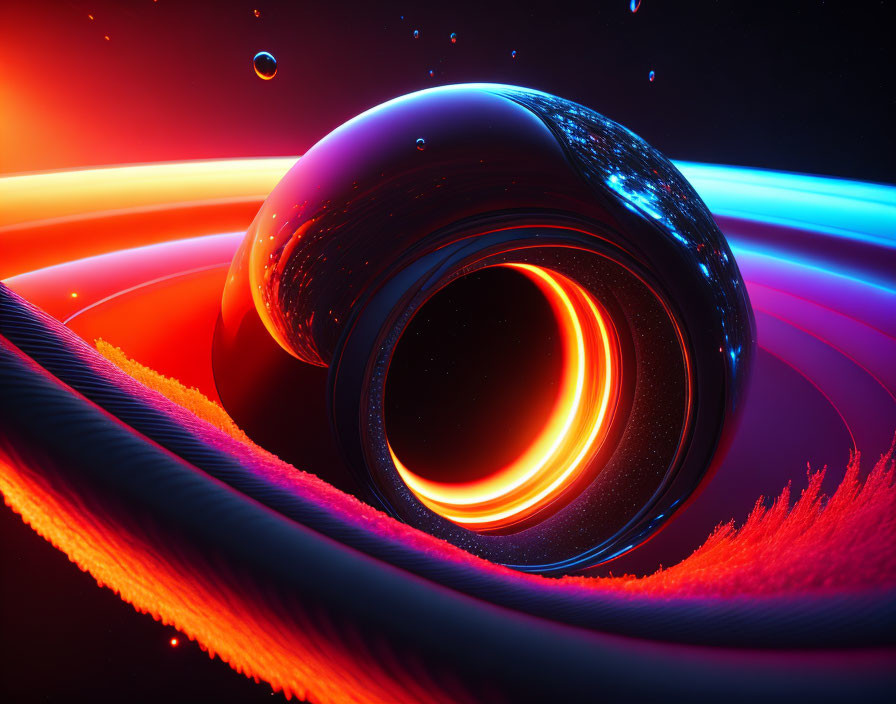 Sci-fi black hole surrounded by glowing rings in space