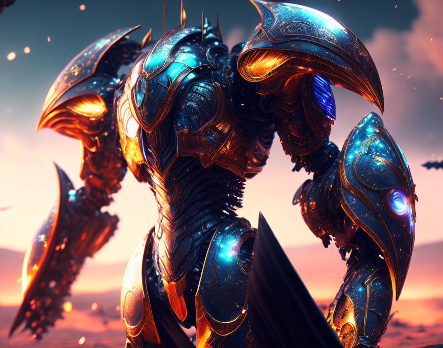 Futuristic Armored Warrior in Glowing Blue Details Against Orange Dusk Sky