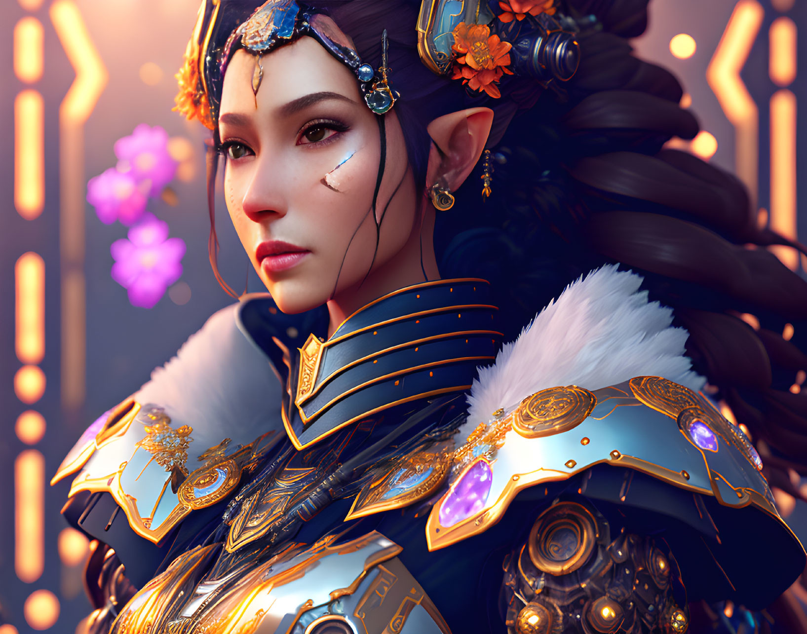 Digital portrait of woman in golden armor with purple accents and floral hair accessories