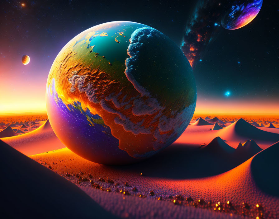 Surreal landscape with giant planet over sand dunes