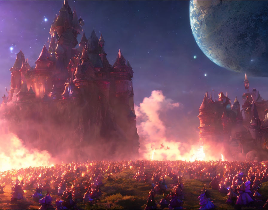 Fantasy castle on battlefield with armies clashing under starry sky