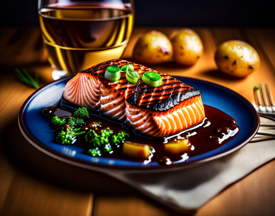 Glazed salmon with green onions, broccoli, potatoes, and wine on plate