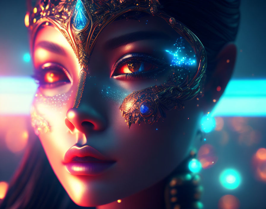 Fantasy-themed illustrated woman with ornate jewelry and vibrant eyes in neon lights
