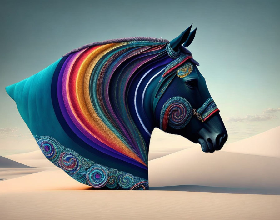 Colorful Stylized Horse Artwork in Desert Setting