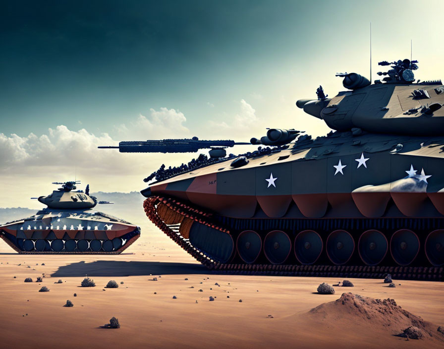 Three futuristic tanks with elongated barrels in a desert landscape under a hazy sky