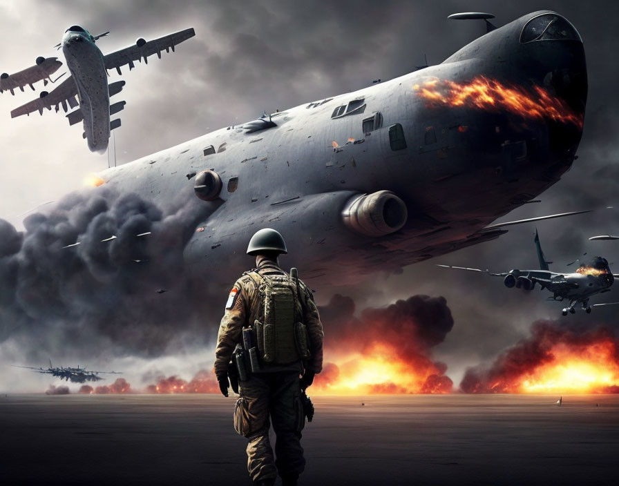 Soldier observes aircraft crash in fiery battlefield