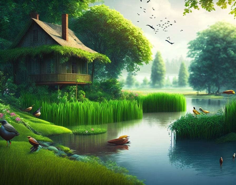 Tranquil countryside landscape with wooden cottage, pond, greenery, flowers, and birds