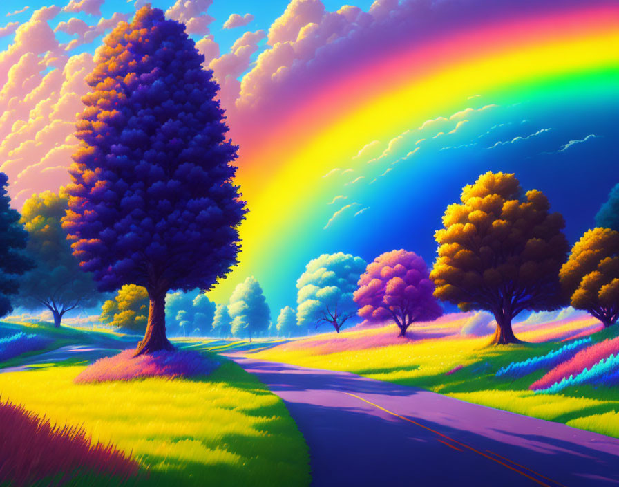 Colorful landscape with winding path, vibrant trees, rainbow, and bright blue sky