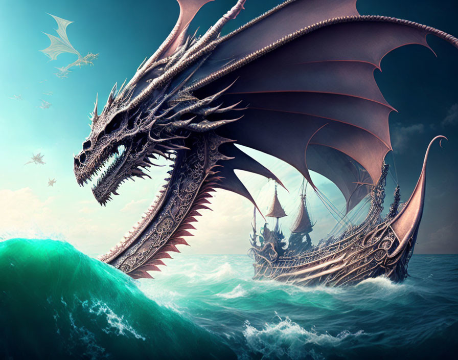 Majestic dragon flying over sea near ornate sailing ship