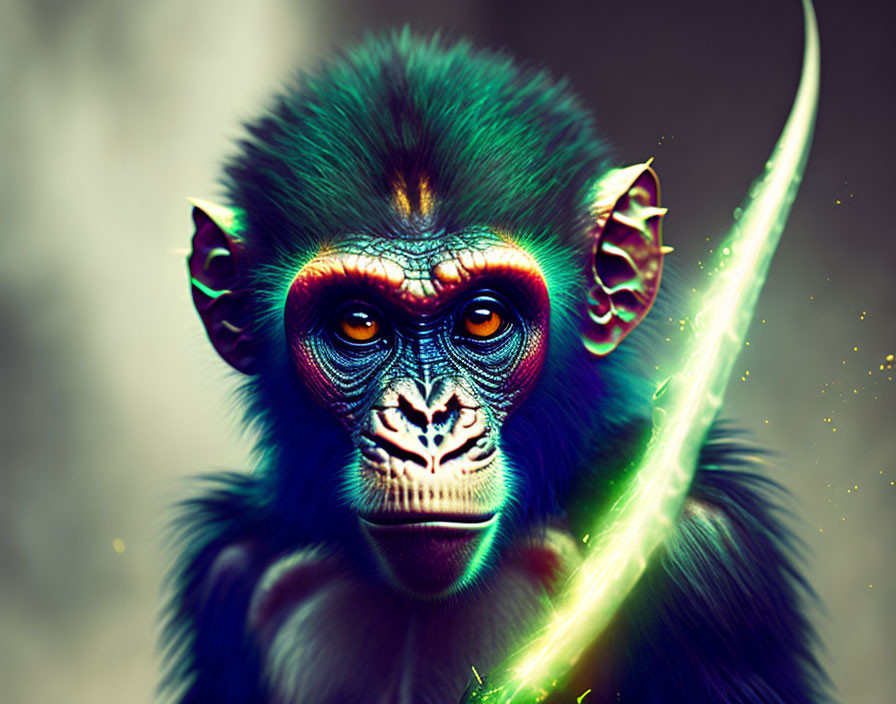 Colorful Baboon Artwork with Neon Blue Fur and Vibrant Red and Violet Hues