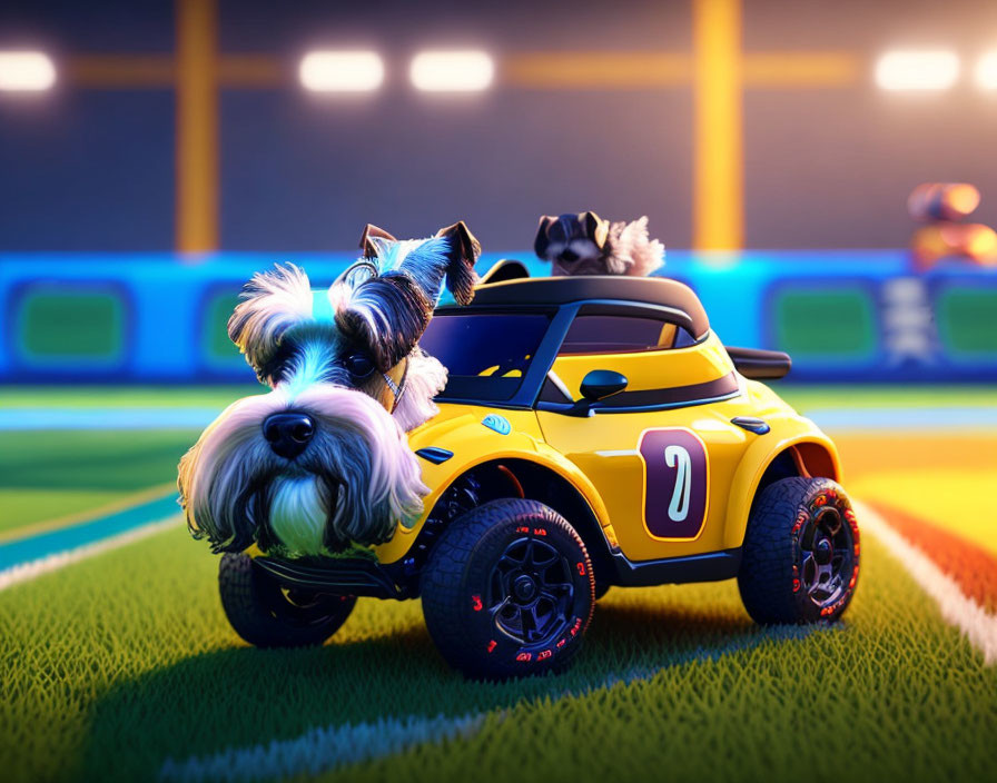 Fluffy gray and white dog in yellow toy car on grass field with blue and purple stadium