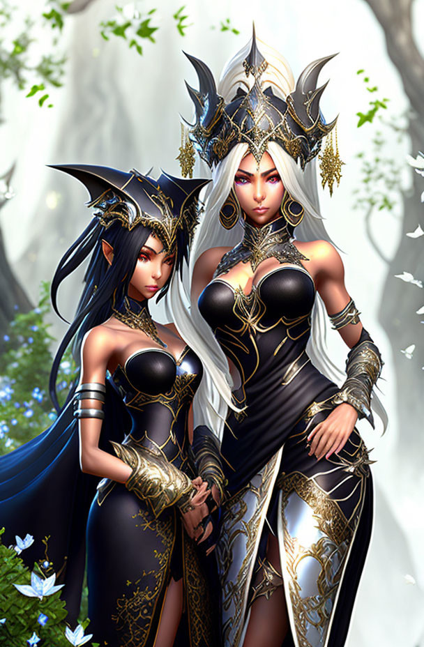 Fantasy Female Characters in Ornate Armored Dresses in Mystical Forest