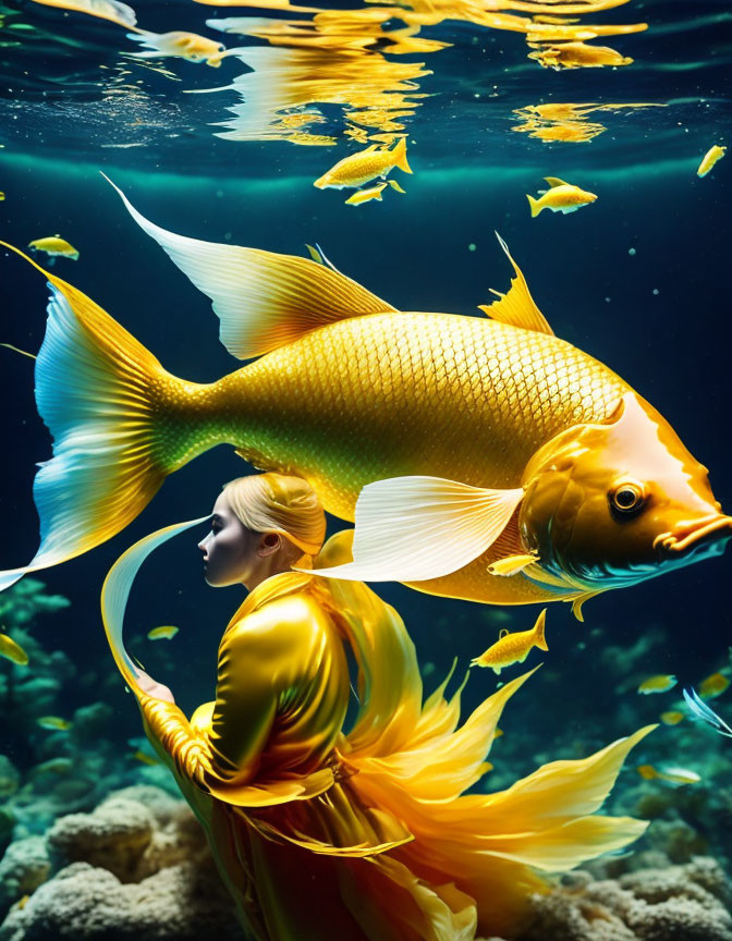 Woman in yellow dress underwater with goldfish and coral reef.