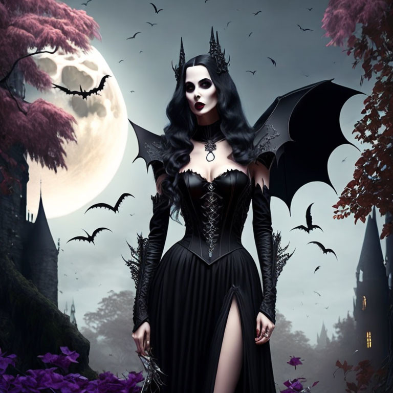 Gothic vampire woman with bat wings in moonlit scene