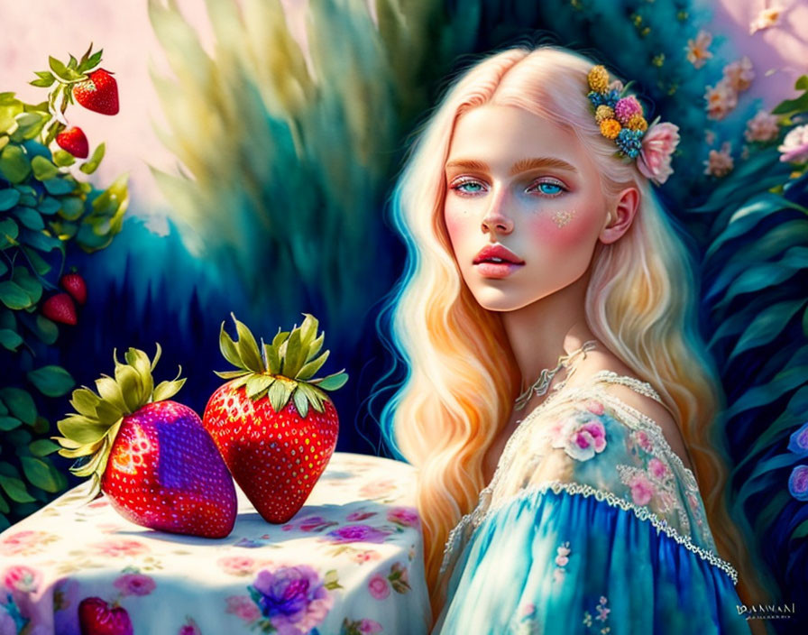 Fantasy illustration of woman with pale hair and skin surrounded by flowers and giant strawberries