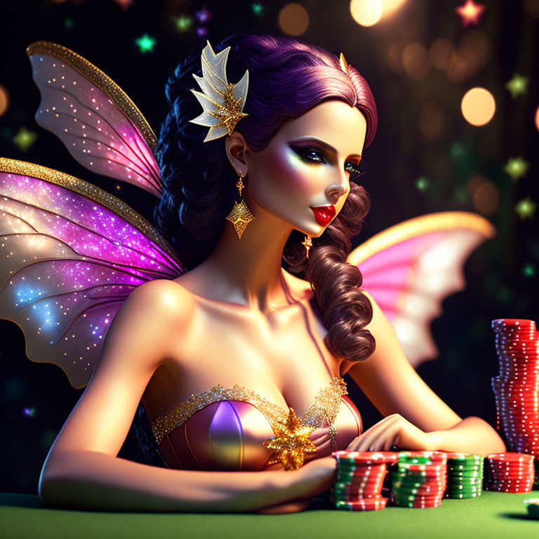 Fantasy illustration of glamorous woman with butterfly wings and golden mask playing poker