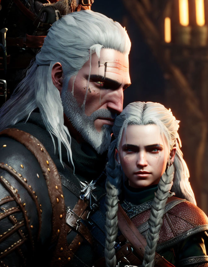 White-Haired Male and Female Characters in Medieval Armor with Moody Background