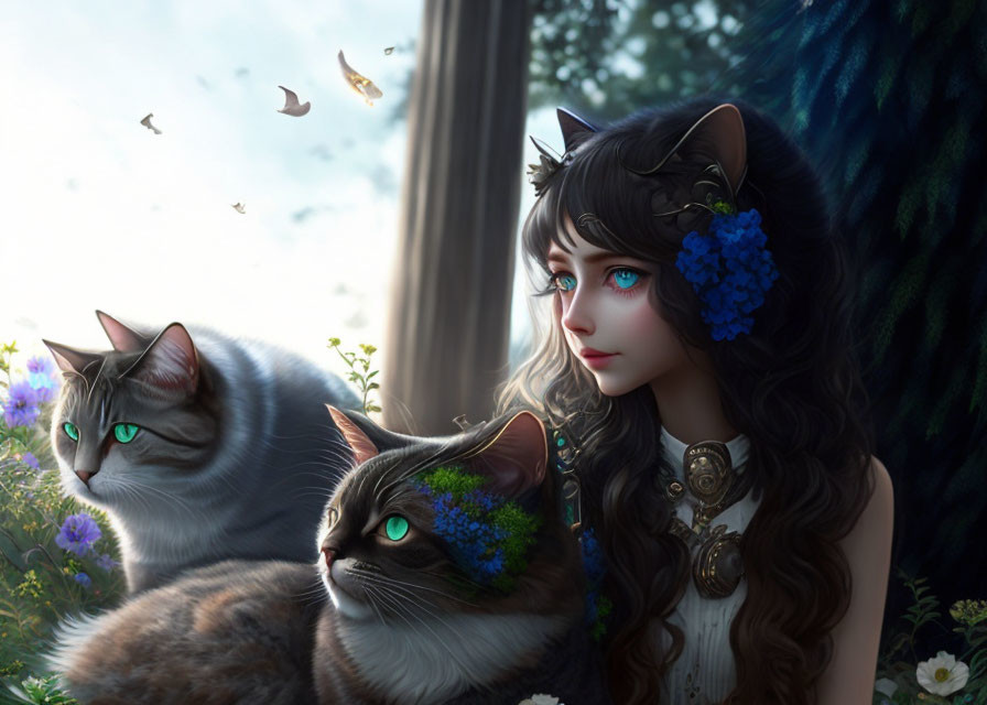 Digital artwork of girl with cat ears and blue-eyed cats in nature backdrop