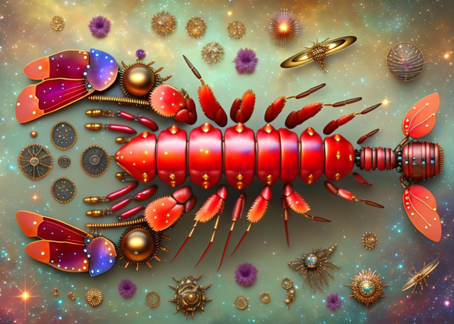 Surreal image of giant mechanical lobster with cosmic elements
